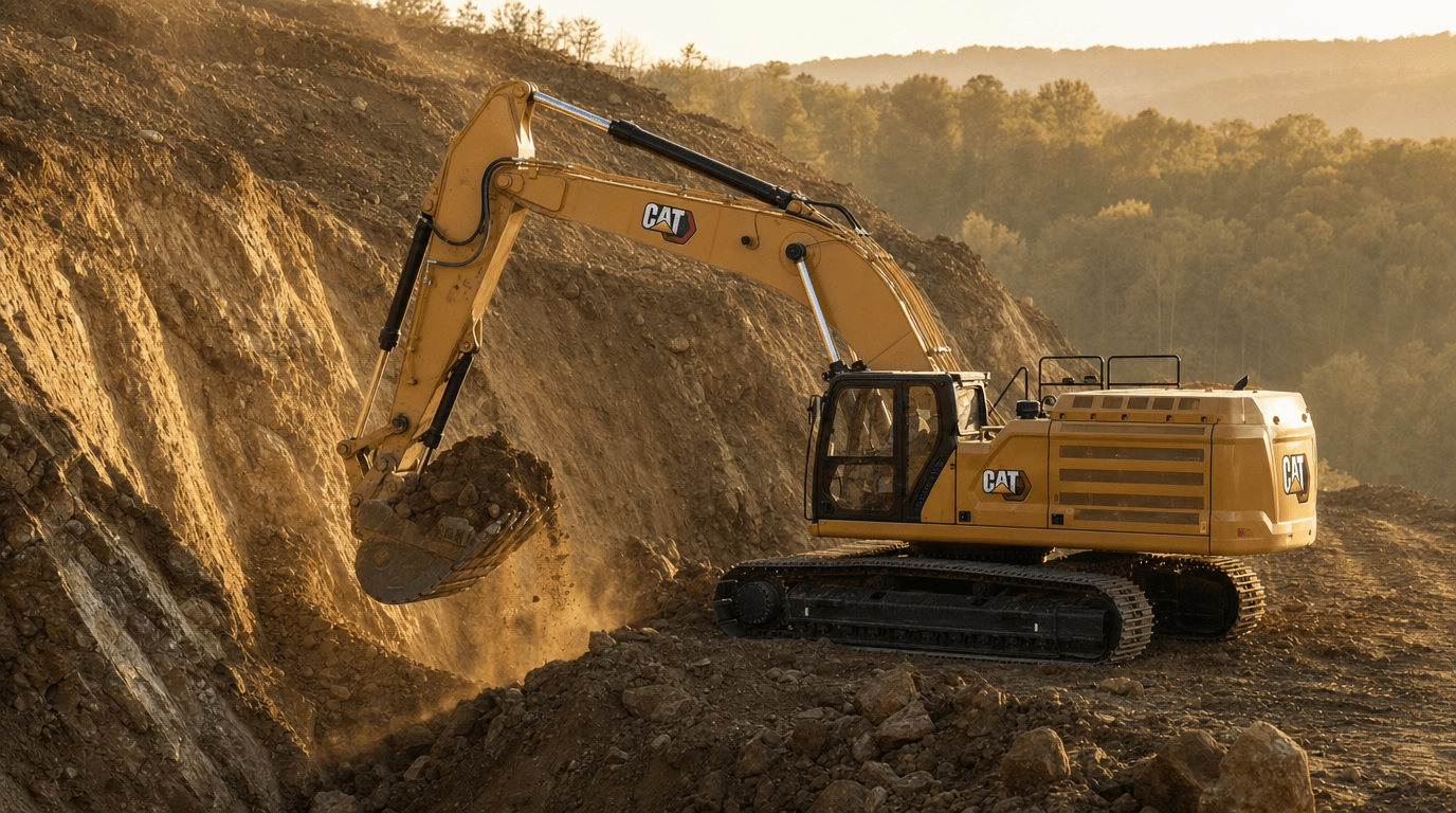 Cat excavator working a hillside cut at golden hour with a loaded bucket, exposed earth in the cut behind.
